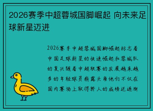 2026赛季中超蓉城国脚崛起 向未来足球新星迈进