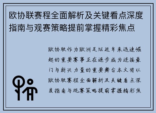 欧协联赛程全面解析及关键看点深度指南与观赛策略提前掌握精彩焦点