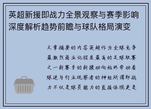 英超新援即战力全景观察与赛季影响深度解析趋势前瞻与球队格局演变