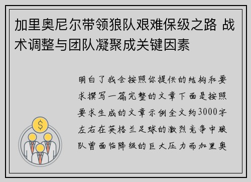 加里奥尼尔带领狼队艰难保级之路 战术调整与团队凝聚成关键因素